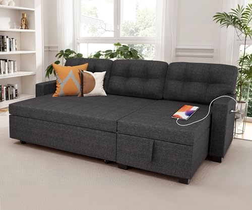 QSQG Reversible Sectional Sofa Couch, Sleeper Sofa Bed with Storage Chaise Pull Out Couch for Living Room | Hidden Stroge | Pull Out Bed | Removable Backrest | Linen Fabric, DeepGrey (DeepGrey)
