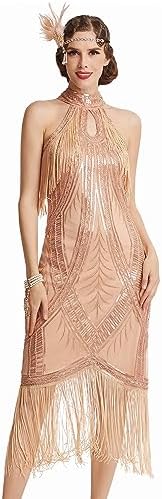 BABEYOND jaren 20 flapper jurk lange franjes Gatsby jurk vintage art deco jurk, Rosegold, Medium