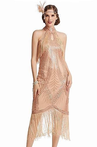 BABEYOND Sukienka w stylu lat 20. XX wieku, z długimi frędzlami, Gatsby, sukienka w stylu vintage, Art Deco, różowe złoto, L