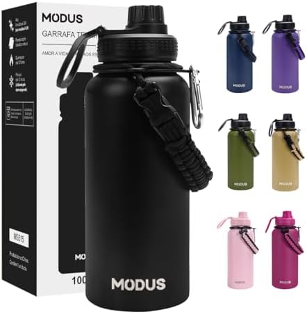 950mL Garrafa Térmica Aço Inoxidável Com Alça Paracord (Preto)