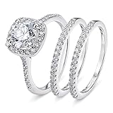 SweetJew Juego de anillos de compromiso de plata para mujer, anillos de boda redondos con halo de circonita cúbica, talla H-Y, Piedra
