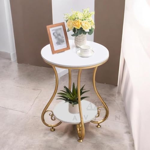 Image of Avion 2-Tier Round End Table with Storage Shelves for Living Room Bedroom Accent Coffee Sofa Table for Small Spaces,Round Nightstand with Metal Frame Gold White
