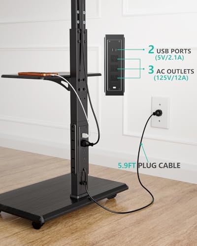 Image of WALI Rolling TV Stand with Power Outlet & AV Shelf, Mobile Tall TV Stand Mount on Wheels for 34-75 inch TV up to 110 lbs, Swivel Height Adjustable TV Cart with Wood Base for Bedroom(TVDVD-6PR), Black