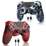 hosowe 2-Pack Wireless Controllers for PS4, Game Controllers Compatible with PS4/Pro/Slim/PC, Dual Vibration, 6-Axis Gyro Sensor, Touch Panel, Built-in Speaker & Headphone Jack, Camouflage Red & Blue