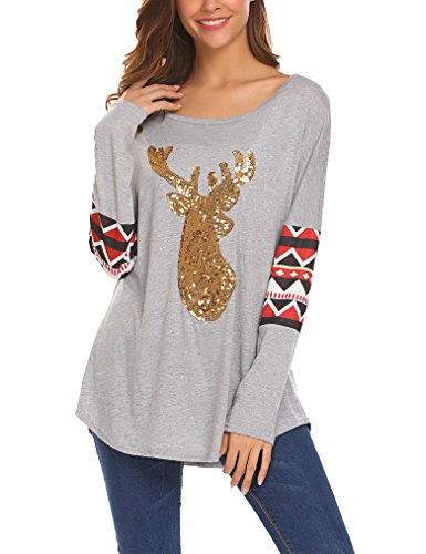 Qearal Women's Ugly Reindeer Print T Shirt Long Sleeve Christmas Blouse Tunic Top Grey