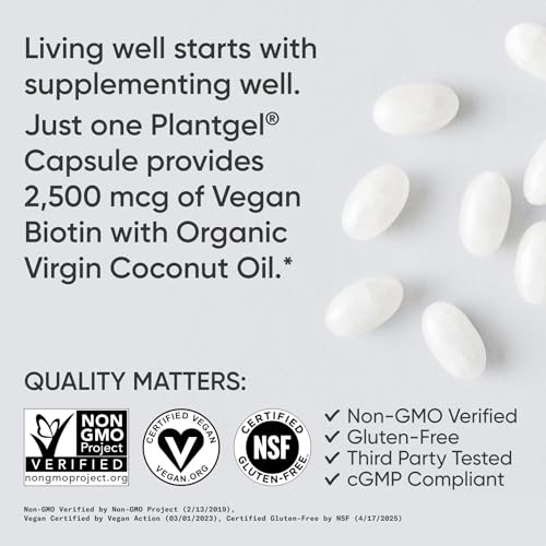 Image of Sports Research Biotin 2,500mcg with Organic Coconut Oil - Biotin (Vitamin B7) for Healthy Skin and Hair Support* - for Women and Men - Vegan, Non-GMO, Gluten & Soy-Free - 120 Veggie Softgels