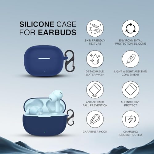 Image of Prolet Earbuds Case Compatible with Realme Buds T200x /T200 Lite, Silicone Shockproof Dustproof Cover, 360 Degree Protection, Anti-Scratch Soft TPU Skin, Carabiner Hook (Blue)
