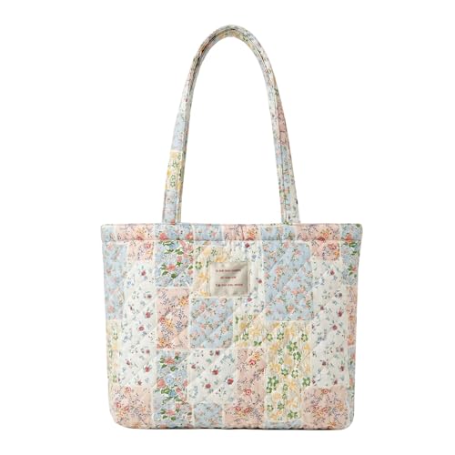 Image of Floral Quilted Cotton Shoulder Bag for Women Medium Size Handbag Large Capacity Thickened Design Tote