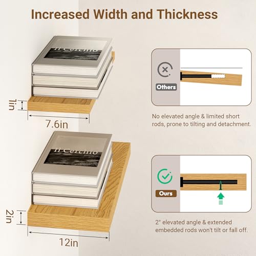 Image of 55 Inch Floating Shelves, 12 Inch Deep Floating Shelves for Wall, Extra Deeper & Thicker Wooden Wall Shelf with Invisible Brackets, Shelf for Bedroom Living Room Home Decor(Oak, Set of 2)