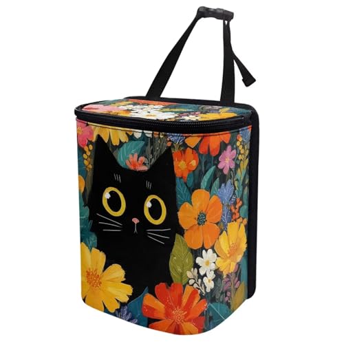 Image of Talayituse Black Cat Daisy Flower Print Car Trash Can Portable Auto Garbage Bin Multifunctional Vehicle Interior Accessories with Adjustable Straps Universal Fit Truck SUV Sedan