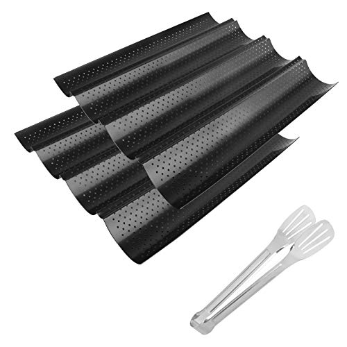 2 Pack 4 Slot Perforated Baguette Pan with Extra Pastry Tongs, Nonstick French Bread Baking Pan 15  x 13  for French Bread Baking 4 Wave Loaves Loaf Bake Mold Toast Cooking Bakers Molding (black)