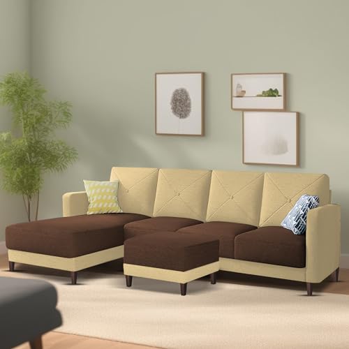 Image of Baloney LHS 6 Seater L Shape Sofa Set with Center Table for Living Room (Cream Brown Fabric) Premium Fabric Sofa