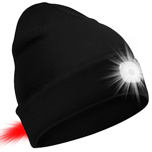 SPGOOD Gorro con luz LED con 3 Niveles de Brillo para Hombre y Mujer, USB Recargable 4 LED Gorras, para Correr, Caminar, Camping(2 Luces Negro)