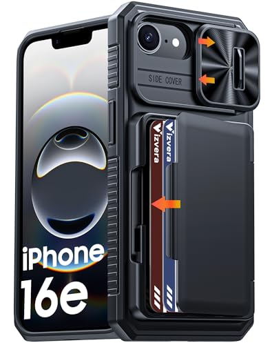 Vizvera for iPhone 16e Case Wallet RFlD [Cards Holder][Camera Control][Camera Cover] Full Body Rugged Shockproof Silicone Protective Phone Case for iPhone 16e(Black)