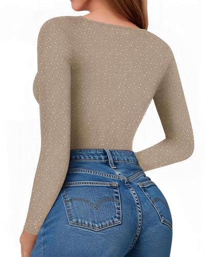 Image of MANGOPOP Womens Bodysuit Long Sleeve Crew Neck Body suit for Women Ribbed Bodysuits Shirts