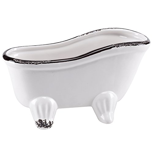 Mygift 9-Inch White Ceramic Succulent Planter, Petite French Country Style Claw Foot Tub Indoor Plant Pot, Vintage Flower Planter, Mini Bathtub Soap Dish #TOP6