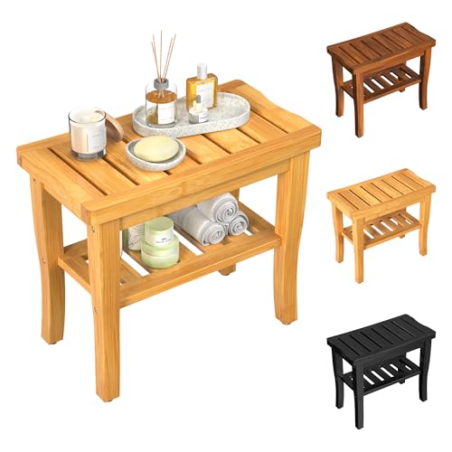 Bamboo Shower Bench Stool with Storage Shelf Waterproof Shower Chair Spa...