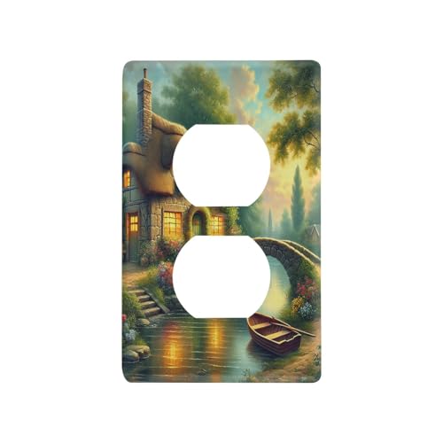 Cottage Stone Bridge Light Switch Cover Decorative Receptacle Outlet Wall Plate Guard Plastic Outlet Covers for Farmhouse Home Decor Livingroom (Duplex Outlets Cover)