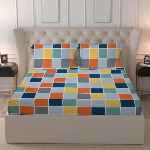Image of LOOMLYFE 300 TC Cotton Feel Glace Cotton Elastic Fitted Printed Queen Size Double Bed Bedsheet with 2 Pillow Covers Fits Upto 8 inches,Size- 60x78x10 Inches, Multibox