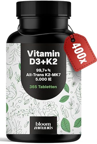 Vitamin D3 K2 5000 IE hochdosiert – 365 Tabletten – Premium 99,7+% All-Trans K2-MK7 – produziert in Deutschland - Verpackung kann variieren