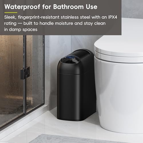 Image of EKO Astro Slim Sensor Trash Can, 10L / 2.6 Gallon Touchless Garbage Bin with Soft-Close Retractable Wing Lid, Motion Sensor Stainless Steel Trash Can for Bathroom and Office, Waterproof, Black