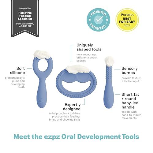 Image of ezpz Oral Development Tools (3 Pack in Indigo) - 3 Months+ - Non-Slip Loop, Smile and Stick 100% Silicone Tools - Prepare for Chewing + Solids - Baby-Led Weaning Supplies