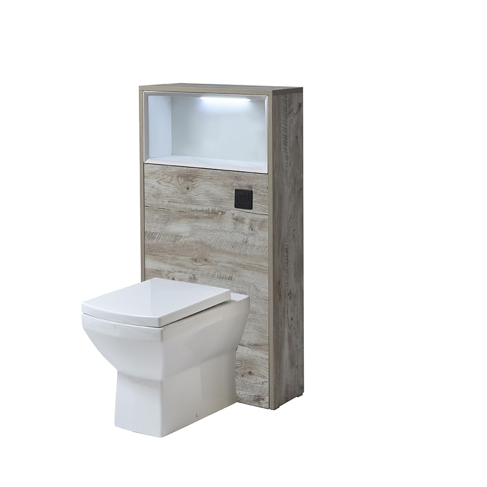 Milano Light Oak Unit / Black Flush Bexley 600Mm Light Oak Bathroom Wc Unit Led Lit Shelf Toilet