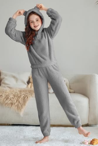Image of Arshiner Girls 2 Piece Outfits Sweatsuit Fuzzy Long Sleeve Bear Ear Hoodie Sweatshirt and Sweatpant Kids Clothing Sets