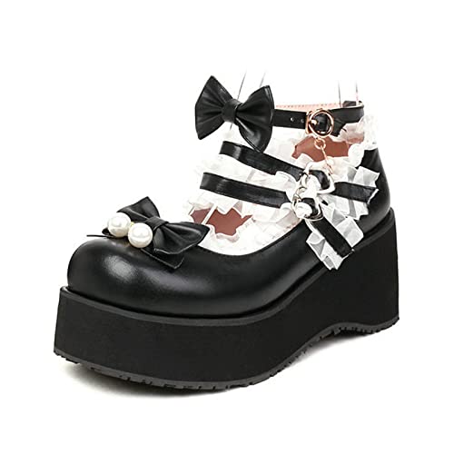 Frauen-Entzückende Lolita-Plateaupumps mit Schnallen-Knöchelverschluss Vintage-Uniformschuhe für Cosplay-Events Schwarz 44 EU