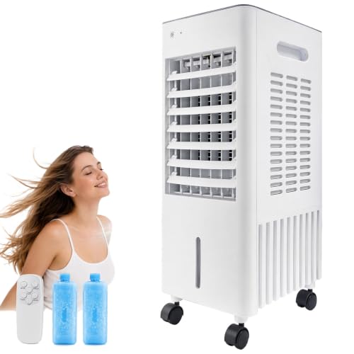 4-in-1 Mobiler Luftkühler 12L Wassertank, Verdunstungskühler mit Fernbedienung, Klimaanlage ohne Abluftschlauch, inkl. 2 Kühlakkus, Luftbefeuchter & Luftreiniger für Schlafzimmer und Büro
