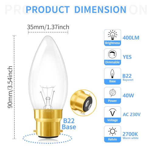 SCNNC B22 Bayonet Candle Light Bulb, Dimmable 220V 400LM, Warm White 2700K C35 Classic Clear Glass, for Chandelier, Wall Lamp, Ceiling - Pack of 10 - Image 3