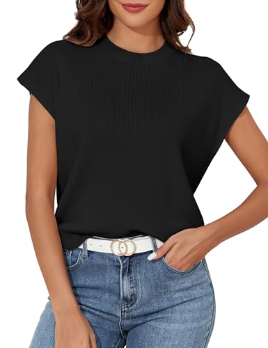 Prettyguide Womens Summer Cap Sleeve Knit Tank Tops Casual Crew Neck Lightweight Sleeveless Sweater Shell Top Black S cover