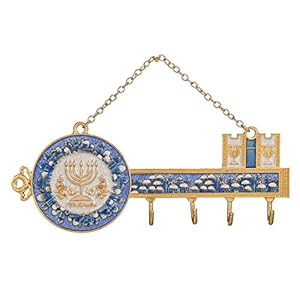 Matashi Hand-Painted Blue Enamel Menorah and Jerusalem Cityscape Design Ornamental Hanging Wall Hooks for Entryway Hallway Bed room Kitchen and House Decor Nice Housewarming Current