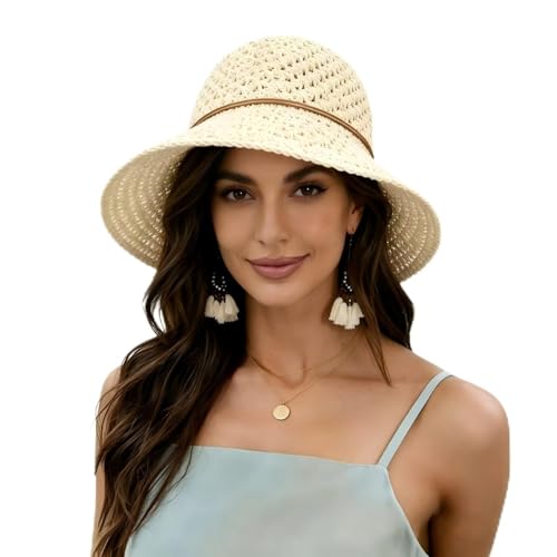 Image of Women Wide Brim Sun Hat UPF50 Straw Summer Hat Floppy Beach Hat Roll-Up