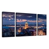 3 Panel Large Wall Art Prints Paintings Illuminated Galata Tower Dominating Istanbul Cityscape Twilight Canvas Wall Art Living Room office Modern Home Wall Decor Framed Artwork Ready to Hang