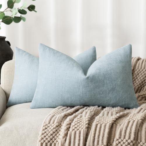 Image of Foindtower Pack of 2 Soft Textured Chenille Throw Decorative Pillow Covers Lumbar Accent Solid Cushion Cover Cozy Farmhouse Pillow Case with Zipper for Couch Sofa Bed Living Room 12x24 Inch,Light Blue