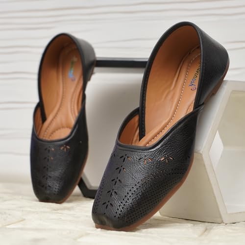 Image of Duosoft Women's Leather Ballet Flats, Black Perforated Design, Comfort Cushioned Insole, Slip-On Style Bellies Dw-201-Tan