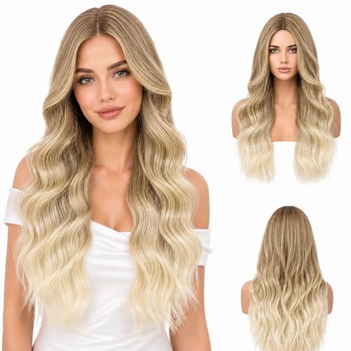 LUFFLOK Longue Perruque Ondulée Ombre Brune à Blonde pour Femmes, 68cm Long Complète bouclé ondulé Chaleur Perruque Synthétique Résistante à la ChaleurCheveux...