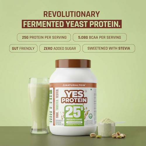 Image of Naturaltein YES Protein 1kg | Fermented Yeast Vegan Protein Powder |Pista Kulfi Flavour| 25 g Protein | No Added Sugar | Naturally Sweetened | Digestive Enzymes | Heavy Metal Tested | 28 Servings