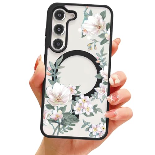 Image of VONZEE Compatible with Samsung Galaxy S25 FE 5G Case Luxury Retro Flowers Floral Clear for Magnetic Wireless Charging Case Shockproof PC+TPU Cute Glossy Shiny Cover for Girls Women, Black