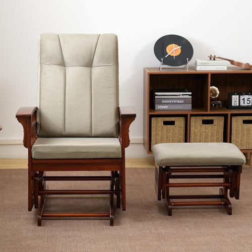 Image of Nursery Glider Rocker with Ottoman | Solid Hardwood Base, Smooth Quiet Motion for Adults, Easy Assembly, Light brown(Light brown)