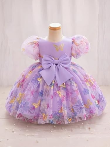 Image of Niren Enterprise Baby Girls Fit And Flare Knee Length Gold Foil Butterfly Puff Sleeve Bowknot Princess Gown Dress for Special Occasions