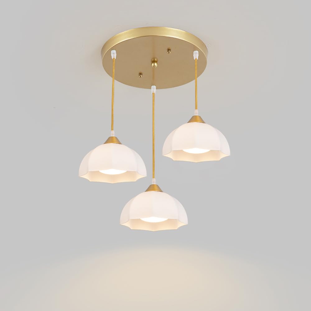 HUAYUSEDF Mid Century Milky White Glass Chandelier for Dining Room 3-Lights Modern Nordic Gold Kitchen Island Ceiling Pendant Light Fixture Farmhouse Flower Hanging Lamp for Living Bar Counter