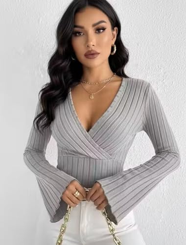 Image of Women Ribbed Knit V-Neck Wrap Top | Long Flare Sleeve Slim Fit Stylish Blouse for Casual