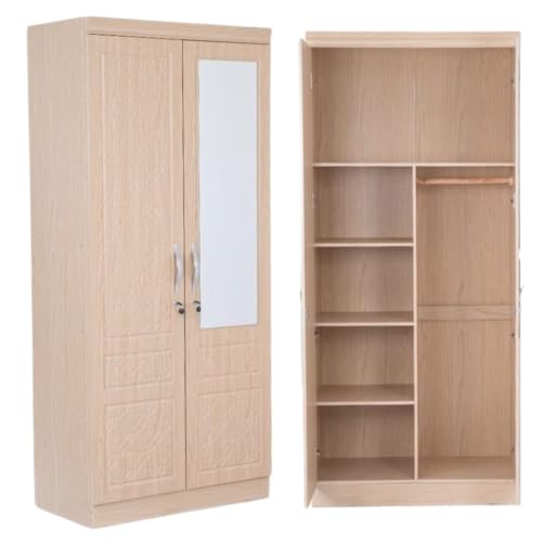 ABX HOME TITAN 2 Door Wooden Wardrobe Cabinet Cupboard Engineered Wood Perfect Modern Stylish Heavy Duty With Mirror (Oak Without Assembly)