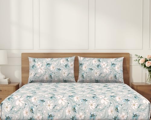 Image of Welspun ENZO King Size Fitted Bedsheet with 2 Pillow Covers | 360 Elastic | 100% Pure Cotton | 72 x 79 Inches | Soft, Breathable, Lightweight & Easy Care | Light Grey