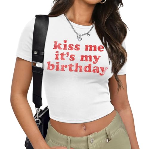 Birthday Shirts for Women Kiss Me Its My Birthday Shirt Crop Top Glitter Graphic Birthday Squad Shirts Birthday Party Tops