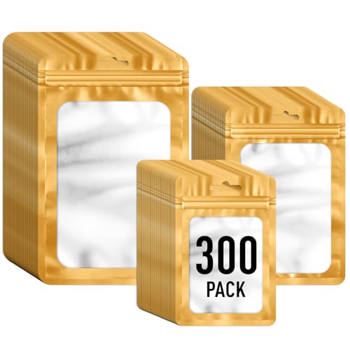 Paquete de 300 bolsas resellables de Mylar de 3 tamaños con ventana frontal, bolsas de embalaje con cremallera para joyas, muestras, almacenamiento de alimentos (dorado, 3 x 4.7 pulgadas, 4 x 6