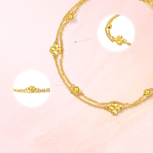 18K Gold Bracelet for Women Clover Chain Bracelets Lucky Leaf Charm Link Adjustable Bangle Trendy Dainty Charms Yellow Gold Bead Cute Stackable Cuff Stackable Thin Bangles Flower Jewelry 18kt Gift4