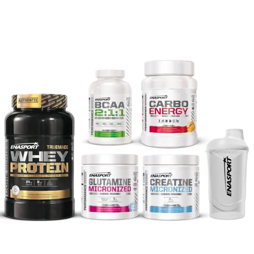 ENASPORT Pack Suplementos Entrenamiento Completo – Proteína Whey + Creatina + Glutamina + BCAA + Carbohidratos + Shaker – Pack Gym para Ganar Masa Muscular y Rendimiento (907 gr, Fresa)